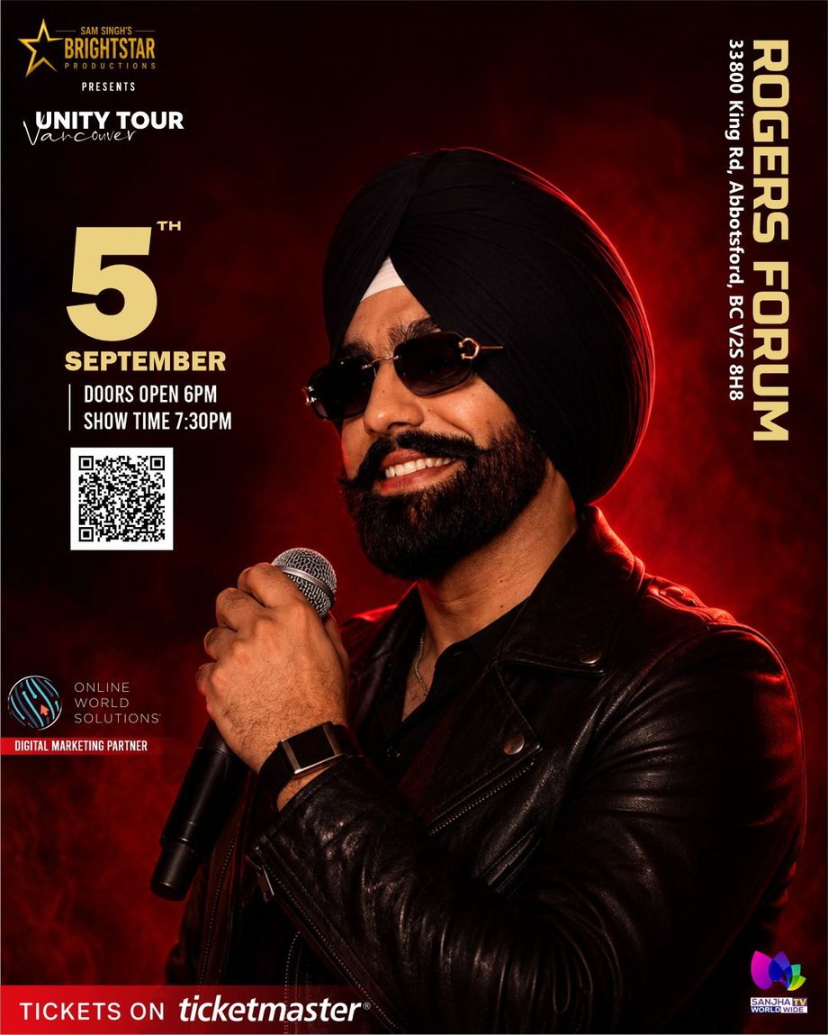 Ammy Virk UNITY Tour, Saturday September 5 2026, Roger's Forum Abbotsford BC, doors 6 PM show 7:30 PM, tickets on Ticketmaster